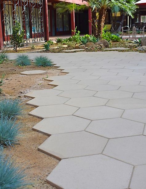 How To Make Concrete Pavers, Hexagon Pavers Pathways, Hexagon Outdoor Pavers, Modern Patio Pavers, Backyard Landscaping With Pavers, Pavers Next To Concrete, Hexagon Pavers Patio, Modern Pavers Backyard, Cement Pavers Patio