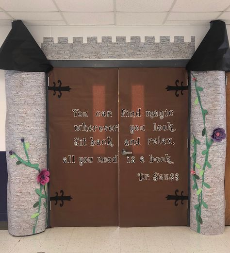 Fairytale Theme Classroom Door, Fairy Tales Classroom Decorations, Once Upon A Time Library Displays, Fairy Tale School Theme, Fairy Tale Door Decorations, Classroom Fairytale Theme, Castle Classroom Decorations, Fairytale Door Decoration, Fairy Tail Classroom Theme