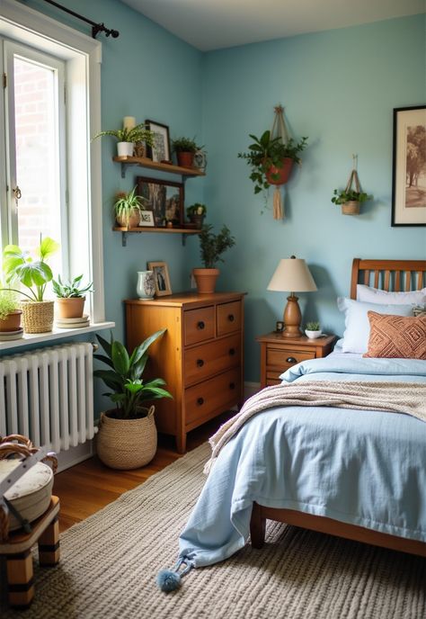 Light Blue Boho Bedroom Blue Room Green Accents, Light Blue Small Bedroom, Modern Coastal Bedroom Ideas Blue, Light Blue Bed Frame Bedroom Ideas, Light Blue Bedroom Paint Colors, Light Blue And Brown Bedroom, Earthy Blue Bedroom, Blue Cottagecore Bedroom, Warm Wood Bedroom