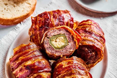 Armadillo Eggs - Easy Baked Version Jalapenos Wrapped In Bacon, Armadillo Eggs Recipe, Armadillo Eggs, Sausage And Bacon, Stuffed Jalapenos, Sausage Wrap, Bacon Wrapped Jalapenos, Texas Bbq, Football Party Food