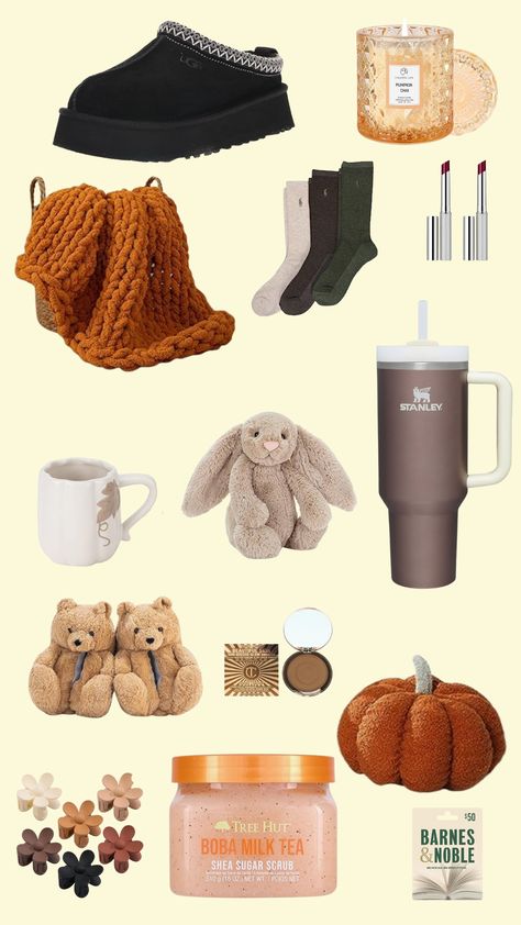 a collage of fall gifting items for a boo basket photo includes - Uggs candle Stanley jellycat tree hut scrub and more cozy gift ideas. Fall Gifts For Girlfriend, Fall Gift For Boyfriend, Boo Basket Ideas For Girl Best Friend, Cute Fall Gifts For Friends, Fall Basket Ideas For Girlfriend, Fall Basket For Girlfriend, Autumn Basket Ideas, Aesthetic Gift Basket Ideas, Fall Boo Basket Ideas