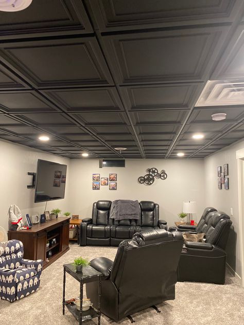 Basement Black Drop Ceiling, Basement With Black Ceiling Tiles, Black Room With Black Ceiling, Black Basement Ceiling Tiles, Basement Ceiling Tile Ideas, Basement With Dark Ceiling, Black And Brown Basement Ideas, Drop In Ceiling Tile Ideas, Basement Remodel Black Ceiling