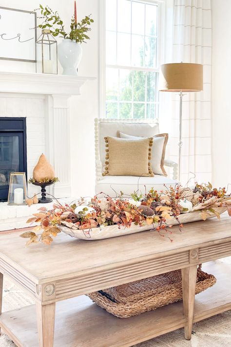 Elevate your home's ambiance with our round up fall decor ideas & autumn decorating ideas. Embrace the cozy charm of the autumn season with these autumn DIY decor ideas, fall decorating ideas, fall decorating ideas for the living room, fall decorations, fall home decor, natural fall decor, nature inspired fall decor, outdoor fall decorating ideas, pumpkin decor, Thanksgiving centerpiece ideas, unique fall decorating ideas & pumpkin displays. These fall DIY decor ideas are easy & festive! Fall Dough Bowl, Dough Bowl Centerpiece, Fall Vignettes, Books And Coffee, Fall Coffee Table, Diy Bowl, Fall Decor Inspiration, Fall Arrangements, Autumn Decorating