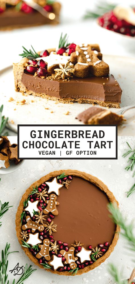 Vegan Chocolate Gingerbread Tart Christmas Vegan Dessert Recipes, Vegan Yule Recipes, Gingerbread Tart Recipe, Date Sweets Dessert Recipes, Vegan Gf Dessert Recipes, Christmas Dessert Tart, Easy Sweet Treats For Party, Xmas Vegan Recipes, Vegan Gf Christmas Desserts