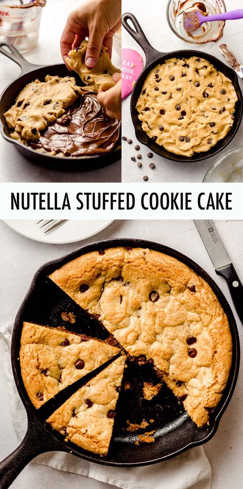 This Nutella stuffed chocolate chip cookie cake is baked in a skillet so you can dig in with some spoons and ice cream or cut it into gooey slices of plated cookie cake. However you serve it, this epic cookie cake is bound to satisfy any Nutella lover's sweet tooth! via @frshaprilflours Nutella Stuffed Cookie Cake, Chocolate Chip Nutella Pie, Cookie Nutella Pie, Cookie Nutella Cake, Stuffed Cookie Pie Recipe, Nutella Cookie Pie Recipe, Stuffed Cookie Cake, Nutella Stuffed Cookie Pie, Nutella Cookie Cake