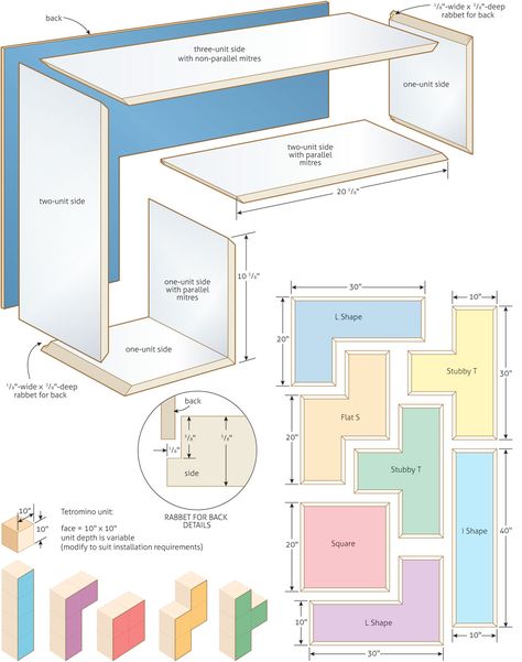 Stack ’em up: Tetromino bookshelves Woodworking Plans Shelves, Shelves Ideas, Woodworking Equipment, Woodworking Box, Woodworking Joints, Woodworking Table, Modular Shelving, Woodworking Bench, Woodworking Wood