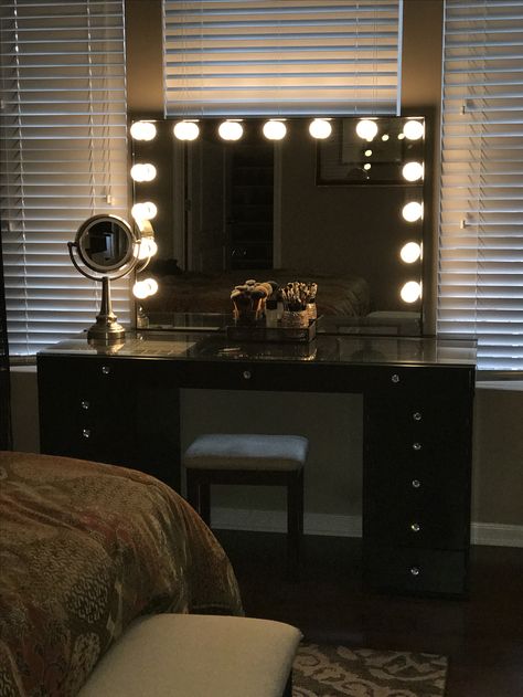 My new makeup vanity!! Black Makeup Desk Ideas, Black Makeup Vanity Ideas, Dark Vanity Aesthetic, Black Vanity Bedroom Ideas, Dark Vanity Bedroom, Black Vanity Ideas Bedroom, Vanity Ideas Bedroom Black, Black Vanity Bedroom, Black Vanity Ideas