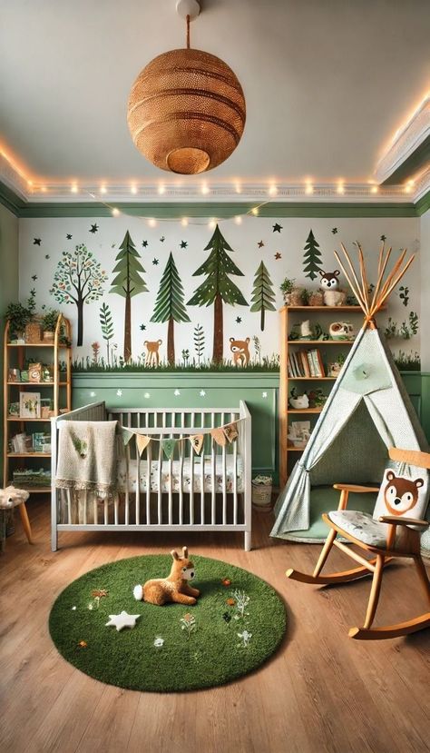 Fairy Lights Nursery, Nursery Ideas Forest Theme, Forest Theme Kids Room, Forest Theme Baby Room, Forest Room Kids, Green Crib Nursery, Woodland Bedroom Kids, Nursery Forest Theme, Forest Baby Room