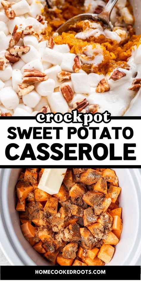 Free up your oven space and make this Crockpot Sweet Potato Casserole! Slow cooking all day caramelizes the sweet potatoes and infuses the casserole with warm cinnamon and pumpkin pie spice. All you need is 7 simple ingredients. Crockpot Sweet Potato Recipes, Crockpot Sweet Potato Casserole, Crockpot Sides, Sweet Potato Casserole Crock Pot, Crockpot Potatoes, Potato Recipes Crockpot, Crock Pot Sweet Potatoes, Easy Sweet Potato Recipes, Sweet Potatoes With Marshmallows