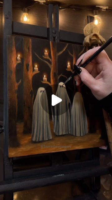 Spooky Canvas Painting, Ghost Painting Tutorial, Spooky Painting Tutorial, Creepy Acrylic Painting Ideas, Making Paintings Spooky, Spooky Canvas Painting Ideas, Canvas Painting Ideas Easy Simple, Spooky Goodwill Painting, Tiny Spooky Paintings