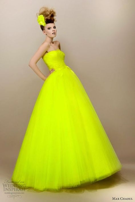 And they say anything that isn't white, ivory or cream just isn't a bridal gown but I must say I disagree. Be bold in a neon yellow wedding dress! Green Gowns, Yellow Wedding Dress, Wedding Yellow, Green Wedding Dresses, Yellow Dresses, Dresses 2013, Organza Skirt, Gown Style, Dresses Classy