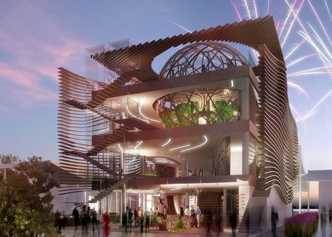 Wavy timber louvers will flank Azerbaijan's pavilion for next year's World Expo in Milan. Architecture Cool, Modern Architecture Interior, Pavilion Architecture, Pavilion Design, Expo 2015, Interesting Buildings, Amazing Buildings, Glass Facades, Architecture Rendering