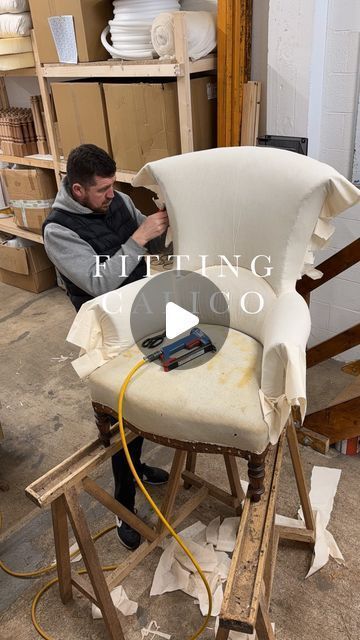 Franklin & Hare on Instagram: "Fitting the calico to this antique armchair ready for the top cover fabric. If only it was this quick!   @imella_design   #upholstery #upholstered #reupholstery #restore #reuse #sustainable #antique #antiques #antiqueshop #traditionalupholstery #workshop #watchmework #watchme #tips #learn #interiors #interiordesign #artisan #skills #craftsmanship #craftsman #instagood #instadaily #reupholstered #home #furniture #armchair #antiquechair" Reupholstering A Chair, How To Reupholster A Couch, Armchair Restoration, Restored Chairs, Antique Chair Styles, Covering Chairs, Reupholster Chair Diy, Upholstered Chairs Diy, Chair Restoration