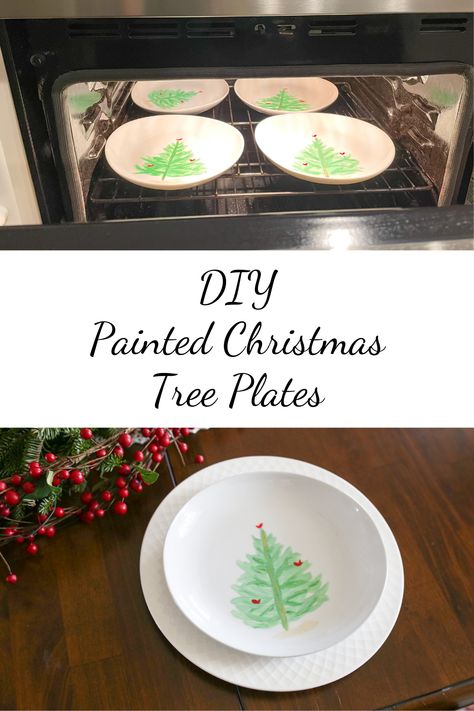 DIY tutorial for a fun holiday craft - Painted Christmas Tree plates! Anyone can make these, you don't have to be an artist. They are easy and you only need a few things to make them. Makes the perfect handcrafted gift or tablescape decor. Change the picture for a fun craft for other holidays as well! Craft Plates Diy For Kids, Christmas Platter Kids Craft, Sharpie Plates Diy Ovens, Plate Painting Ideas Diy Christmas, Homemade Plates Diy Gifts, Decorate Plates Diy, How To Paint On Plates Diy, Hand Print Plates How To Make, Diy Christmas Plates Sharpie