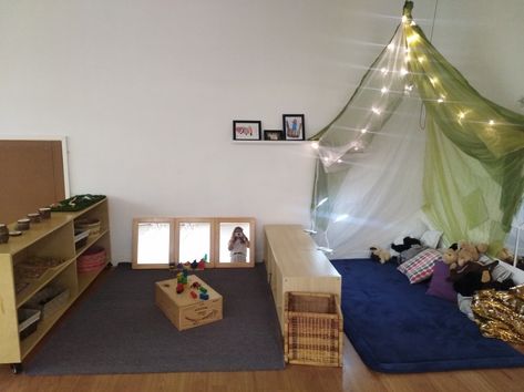 This is our new cosy corner in our reggio classroom for pre nursery. Reggio Classroom, Cosy Corner, Classroom Environment, Classroom Setting, Learning Spaces, Toddler Bed, This Is Us, Nursery, Bed