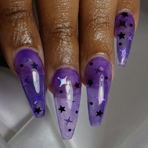 Nails With Rhinestones Long, Long Acrylic Nails With Rhinestones, Long Acrylic Nails Stiletto, Purple Jelly Nails, Long Acrylic Nail, Acrylic Nails Stiletto, Acrylic Nail Ideas, Nails Stiletto, Pink Ombre Nails