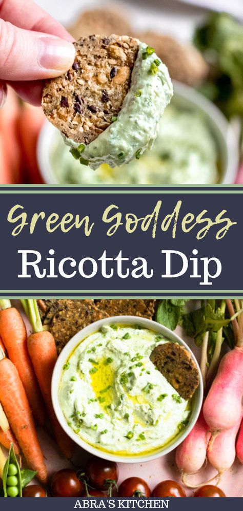 You are going to love this Green Goddess Ricotta Dip! Creamy ricotta cheese with fresh herbs, garlic, and olive oil. Simple enough to throw together at a moment's notice, delicious enough to make over and over again. Serve with fresh seasonal veggies! Ricotta Veggie Dip, Ricotta Cheese Dips, Ricotta Lunch Recipes, Salad With Ricotta Cheese, Ricotta Salad Recipes, Snacks With Ricotta Cheese, Savory Ricotta Recipes, Ricotta Cheese Dip Recipes, Healthy Ricotta Cheese Recipes