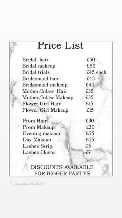 Bridal Makeup Checklist, Makeup Artist Price List Ideas, Makeup Price List Ideas, Freelance Makeup Artist Business, Makeup Price List, Hair Salon Prices, Beauty Salon Price List, Makeup Prices, Wow Hair Products