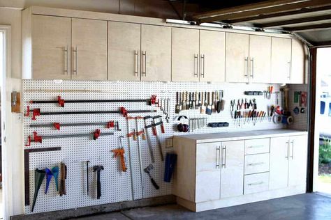 How to Install and Organize DIY Pegboard Wall - TheDIYPlan Diy Pegboard Wall, Diy Pegboard, Pegboard Garage, Lumber Sizes, Pegboard Wall, Diy Garage Storage Cabinets, Basement Workshop, Diy Project Ideas, Garage Diy