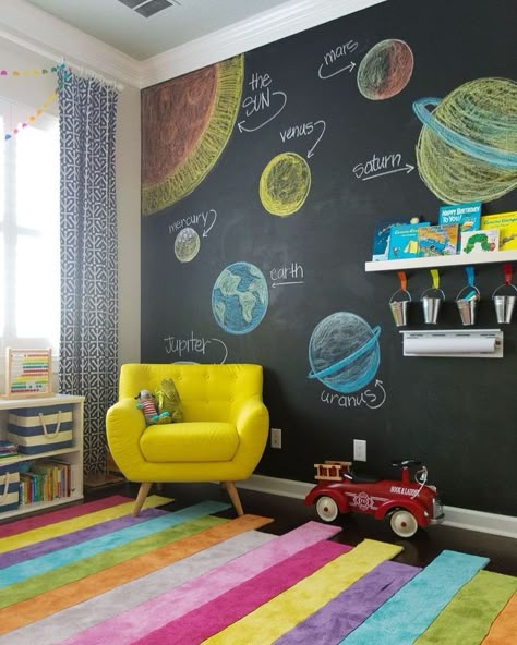 Not sure what to do with a spare room in your home? Transform the space into the ultimate kids playroom! From indoor swings and cool forts to ball pits and reading nooks, check out these 21 kids playroom ideas! Chalkboard Walls, Interior Vintage, Chalkboard Wall, Luxury Bedroom, Boy Bedroom, Toy Rooms, Kids Room Design, Toddler Room, Boy's Bedroom