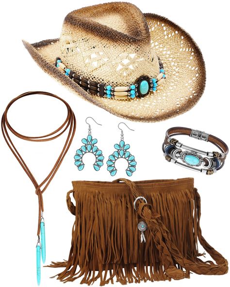 PRICES MAY VARY. Quality Materials: our accessories are made from quality materials; The turquoise jewelry for woman uses an alloy as a base and is beautifully adorned with turquoise; The hat is made from straw, ensuring a comfortable cowboy look; Finally, the tassel bag is made of soft suede with polyester, suitable for your outfits Nice Design: all items in the package of our Boho jewelry set harmonized in a classic color, giving a sophisticated appeal; The classic color enhances the aesthetic Western Wear Outfits For Women, Western Style Jewelry, Western Chic Bachelorette Party, Cowboy Theme Party Outfit Women, Western Theme Party Outfit, Cowgirls Outfits, Western Party Outfit, Womens Western Outfits, Cowgirl Things