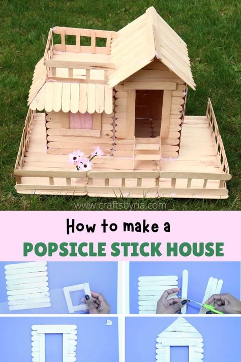 Popsicle stick house - Easy step by step tutorial - Crafts By Ria Natal, Popsicle Stick House, Popsicle Stick Crafts For Adults, Popsicle House, Craft Stick Projects, Stick House, Popsicle Stick Crafts House, Ice Cream Stick Craft, Popsicle Stick Art