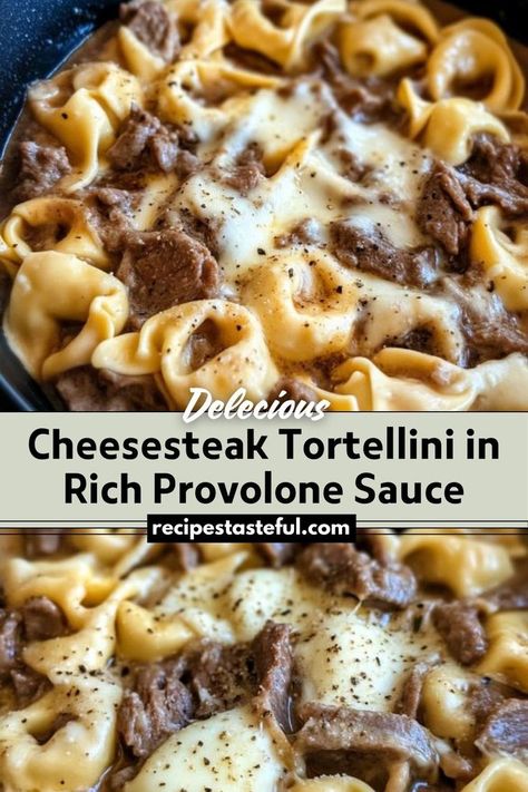 A hearty dish that combines tender cheese tortellini with savory beef, caramelized onions, and a creamy provolone sauce, perfect for a comforting weeknight meal. Dinner Ideas With Provolone Cheese, Steak And Tortellini Recipes, Ground Beef And Tortellini Recipes, Provolone Cheese Sauce Recipes, Beef And Tortellini Recipes, Tortellini Meat Sauce, Homemade Cheese Tortellini, Beef Tortellini Recipes, Braised Beef And Tortellini