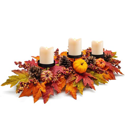 PRICES MAY VARY. 【Rich Ornaments】This fall centerpiece table decorations features autumn leaves, pine cones, berries, and natural looking mini pumpkins, and metal base is nestled in natural twig. It needs to be reshaped when removed from box to achieve its intended appearance. 【Dimension】The dimension of whole fall centerpiece table decorations is approximately 27.5" L x 10" W x 6" H. The diameter of the candle holder is 3.2’’ which fits 3" dia or smaller pillar candles and LED candle lights (no Fall Candle Holder Ideas, Fall Corporate Event Decor, Fall Indoor Decorations, Fall And Christmas Decor Combined, Fall Harvest Decor, October Wedding Table Decor, Console Table Fall Decor, Fall Flower Arrangements For Home, Sunflower Table Decorations