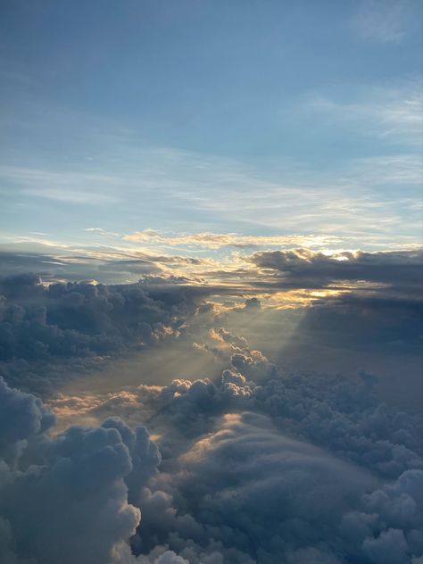 view of clouds from plane with sunshine glowing Sun And Clouds Aesthetic, Sun Clouds Aesthetic, Keats Poetry, Aesthetic Clouds Landscape, Sky Without Clouds, Sky From Plane, Cloud Gazing, Sun Shining Through Clouds, Sunny With Clouds Aesthetic