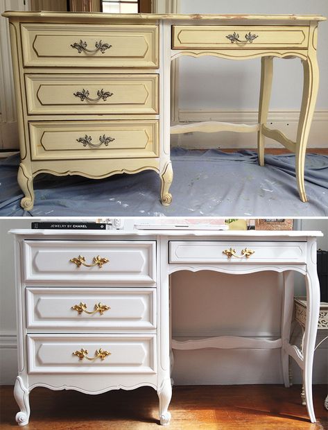 Old Computer Desk Makeover, Queen Anne Desk Makeover, Refinishing A Desk Ideas, Painted French Provincial Desk, Thrifted Office, French Provincial Desk Makeover, Old Desk Makeover, Office Desk Makeover, Office Jungle