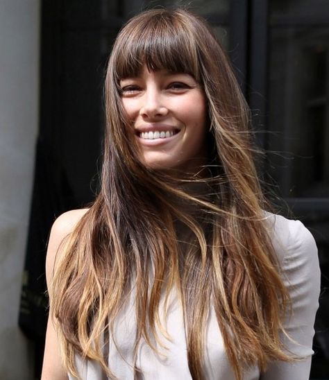 Jessica Biel Long Hairstyle: Straight Haircut with Thick Bangs Thick Bangs Straight Hair, Front Bangs Straight Hair, Fringe With Long Layers, Thick Fringe Hairstyles, Fringe Hairstyles Straight Hair, Before And After Bangs Long Hair, Bangs With Long Straight Hair, Thick Bangs Long Hair, Straight Bangs With Long Hair