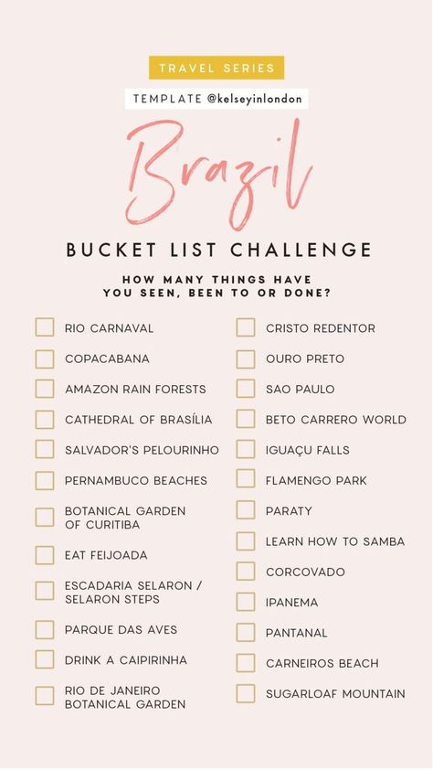 I promised some friends that I would visit them in Brazil so this is pretty perfect for when that time comes haha Brazil Bucket List, Holiday Destinations Bucket Lists, Bucket List Challenge, Beto Carrero World, List Challenges, Brazil Travel, Adventure Bucket List, Travel Checklist, Story Templates