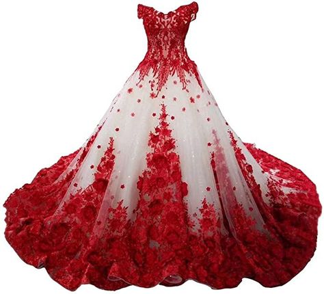 Wedding Dress Red Accent, Wedding Dress Red And White, Red And White Princess Dress, Wedding Dresses With Red Roses, Wedding Dress With Roses On It, Wedding Dresses In Color, Red And White Wedding Dress Lace, Wedding Dresses With Red Accents, White And Red Ball Gown