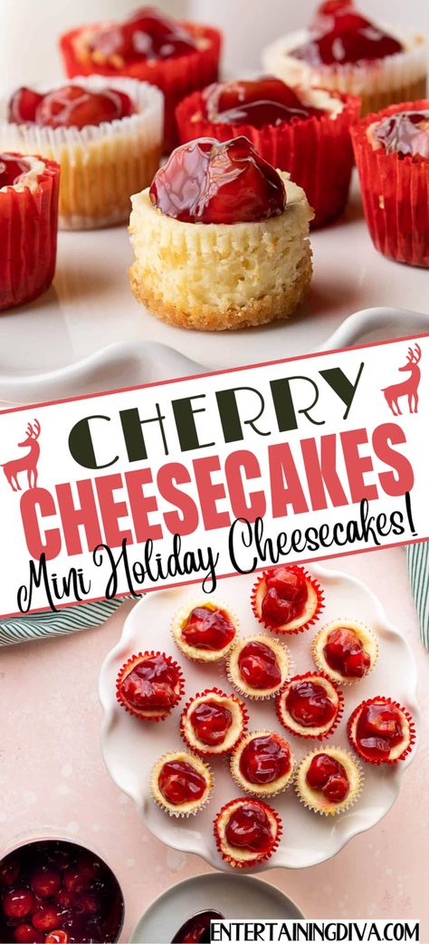 Mini Cherry Cheesecakes With A Vanilla Wafer Crust | Valentines Day Party Ideas Traditional Cheesecake, Holiday Cheesecake, Cheesecake Cupcakes Recipe, Mini Cherry Cheesecakes, Cherry Cheesecake Recipe, Vanilla Wafer Crust, Cherry Topping, Vanilla Wafer, Cheesecake Tarts