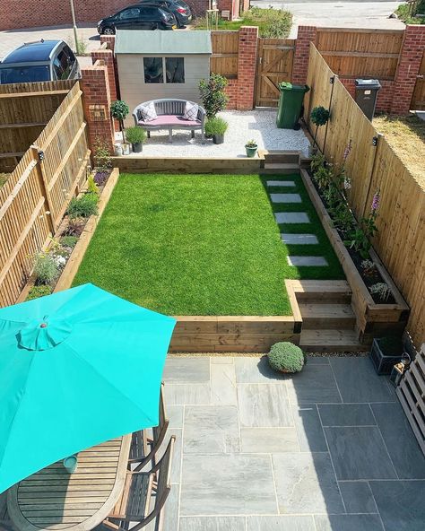 Garden Transformation 🌿 Photo of our finished new build garden! 😁 We’re so pleased with what we’ve achieved on our limited budget and… New Build Garden Ideas, Small Garden Plans, Small Back Gardens, Garden Ideas Uk, Garden Concept, Small Garden Landscape, Backyard Gardens, Backyard Layout, Gardens Ideas