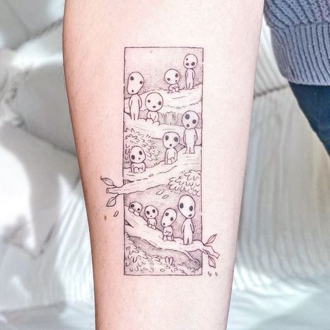 Kodama Tree Spirit Tattoo, Miyazaki Tattoos, Tree Spirit Tattoo, Maggie Tattoo, Kodama Tree Spirit, Princess Mononoke Kodama, Kodama Tattoo, Ghibli Tattoo Ideas, Miyazaki Tattoo