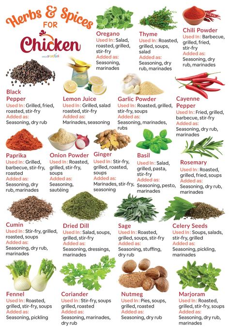 What are the herbs & spices best to use for chicken - list of names of good species for seasoning, & marinating with uses & substitutes Spices List For Kitchen, Herbs For Chickens, Seasoning Chicken, List Of Spices, Herbs List, List Of Names, Natural Antibiotic, Spice Blends Recipes, Homemade Cookbook