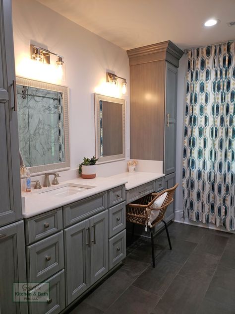 Bathroom With A Makeup Vanity, Bathroom Makeup Area Ideas, Bathroom Sink Built In, Bathroom Counter With Vanity Area, Makeup Vanity Next To Sink, Double Sink Vanity With Makeup Area Farmhouse, One Sink With Makeup Vanity, Custom Built Vanity Master Bath, Bathroom Sink Makeup Vanity