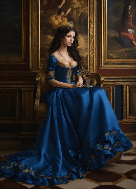 Midevil Dresses Princesses, Blue Medieval Dress, Gown Ruffles, Blue Gowns, Medieval Gown, Narrow Waist, Long Dark Hair, Fantasy Dresses, Work Dresses For Women