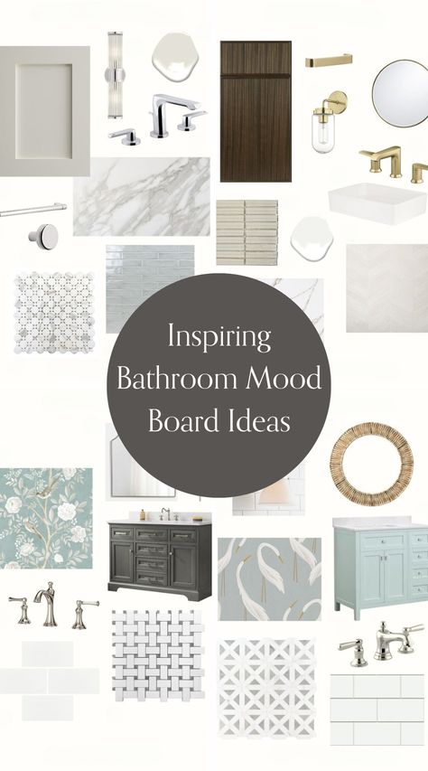 Discover inspiring bathroom mood board ideas to transform your space into a serene retreat! Our collection of inspiring bathroom mood board designs will spark your creativity. Explore bathroom mood board inspiration that blends style and functionality effortlessly. With creative bathroom mood board ideas, you can design a bathroom that’s both beautiful and practical. Start creating your dream bathroom today! Small Bathroom Mood Board Inspiration, Master Bath Design Board, Bathroom Design Board Color Schemes, Small Bathroom Mood Board, Organic Modern Bathroom Mood Board, 2025 Bathroom Ideas, Spa Feel Bathroom Ideas, Bathroom Tile Mood Board, Bathroom Design Boards