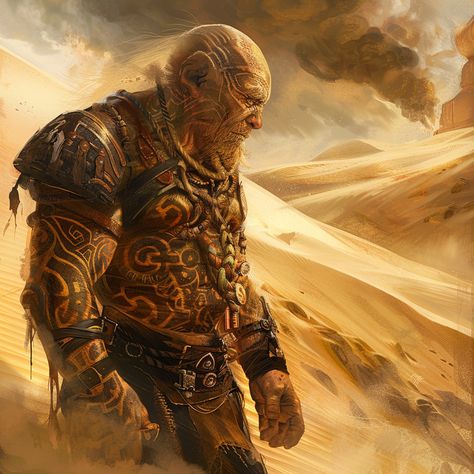 Meet Ardan, the revered leader of the Kentus tribe, standing amidst the desert dunes. 🏜️👑 With tattoos of wisdom adorning his weathered skin and a gaze that pierces the horizon, he embodies the strength and guidance of his people. #Worldbuilding #StrengthAndWisdom #Fantasy Campaign Themes, Desert Dnd, Dark Sun, Desert Dunes, Fantasy Races, Character Ideas, Dnd Characters, The Horizon, Character Portraits