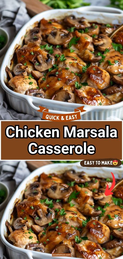 Ingredients: For the Casserole: 1 lb boneless, skinless chicken Marsala Chicken Casserole, Easy Chicken Marsala Casserole, Crazy Good Casserole Recipe, Chicken Thighs Casserole Recipes, Sunday Casserole Dinner, Weekend Dinner Ideas Families, German Chicken Recipes, Chicken Thigh Casserole Recipes, Baked Chicken Marsala