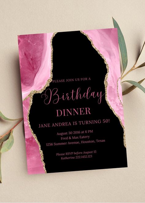 Editable pink and gold birthday dinner invitation perfect for your next birthday party or birthday dinner. This pink agate invitation can be edited yourself using Canva. If you choose to print yourself the print size is 5x7 and can be printed on cardstock invitation paper. You can also have the completed file taken to your local print shop and have them print. Can also be saved as an image to use as a text invitation or email invitation. All the wording is editable. Details: Birthday Dinner invi Pink Birthday Dinner, Pink And Gold Invitation, Pink And Gold Invitations, Pink And Gold Birthday, Birthday Dinner Invitation, Email Invitation, Birthday Dinner Party, Black Birthday, Birthday Party Theme Decorations