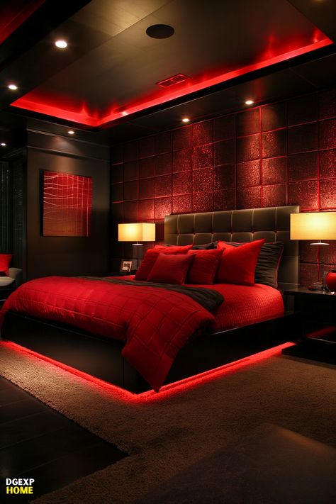 Sleek red and black modern bedroom with ambient LED lighting and vibrant red bedding Bedroom Ideas Red, Black Modern Bedroom, Bedroom Inspirations For Small Rooms, Bedroom Ideas For Men, Minimalist Bed, Fall Bedroom, Black Bedroom, Bedroom Red, Christmas Decorations Bedroom