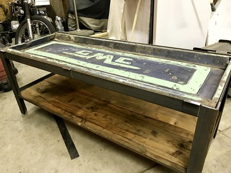 58’ gmc tailgate table Tailgate Coffee Table, Tailgate Table, Truck Tailgate, Man Cave Home Bar, Table Ideas, Wedding Board, Pallet Coffee Table, Home Bar, Man Cave