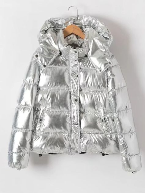 Metallic Quilted Padded Coat With Hood -SheIn(Sheinside) Winter Jackets Women Parka, Puffer Coat With Hood, Silver Jacket, Parka Women, Womens Jackets Casual, Parka Style, Puffy Jacket, Womens Parka, Padded Coat