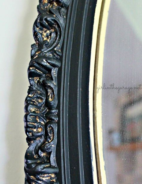 Blackened Mirror by Girl in the Garage Upcycling, Oval Mirror Makeover Diy, Mirror Redo Diy, Redo Mirror Frame, Old Mirror Makeover, Redo Mirror, Mirror Frame Makeover, Mirror Makeover Diy, Mirror Redo