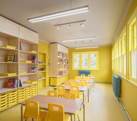 aberrant architecture // rosemary works school london ; bright yellow school class Breakfast In Bed Table, Kindergarten Interior, Preschool Designs, Classroom Interior, Kindergarten Design, School Interior, Decor Studio, School Room, Bed Table