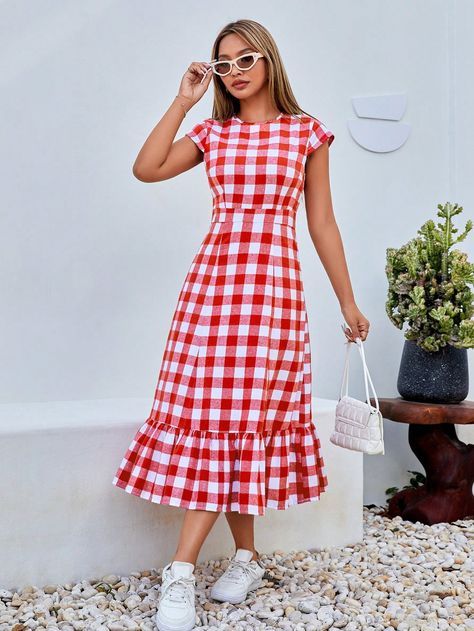 SHEIN Essnce Women's Casual Holiday Plaid Ruffle Hem Dress #EasterI discovered amazing products on SHEIN.com, come check them out! Red Gingham Dress, Gingham Fashion, Holiday Plaid, Check Dress, Red Gingham, Ruffle Hem Dress, Women Midi, Gingham Dress, Hem Dress