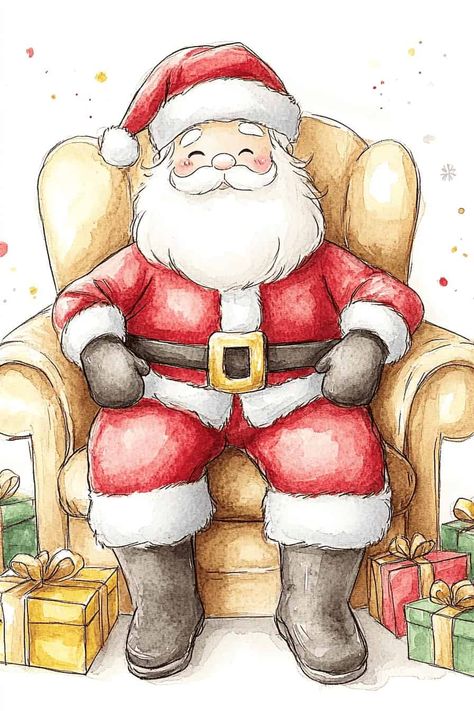 Christmas Watercolor Painting Santaclaus Art Drawing, Santa Watercolor Christmas Art, Christmas Drawing Watercolor, Cute Xmas Drawings, Christmas Sketches Pencil, Christmas Santa Drawing, Cute Santa Drawing, Watercolor Christmas Paintings, Christmas Drawing Ideas Pencil